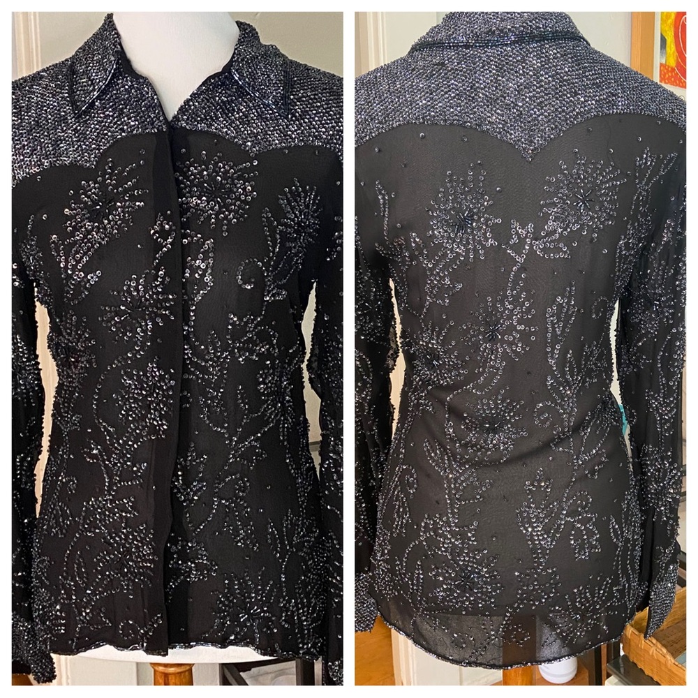 Western-Vibe Sequin Silk Shirt